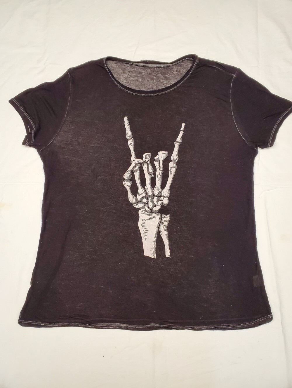 Skeleton Hand Rock On Graphic T-Shirt Black Distressed Y2K Punk Rocker